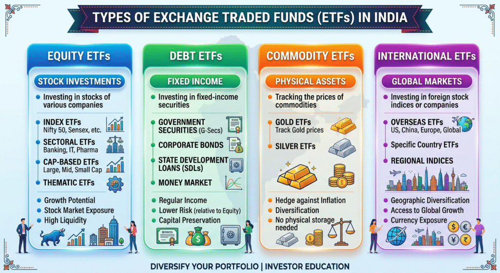 Types-of-ETFs-in-India Four types of ETFs available in India - equity debt commodity international