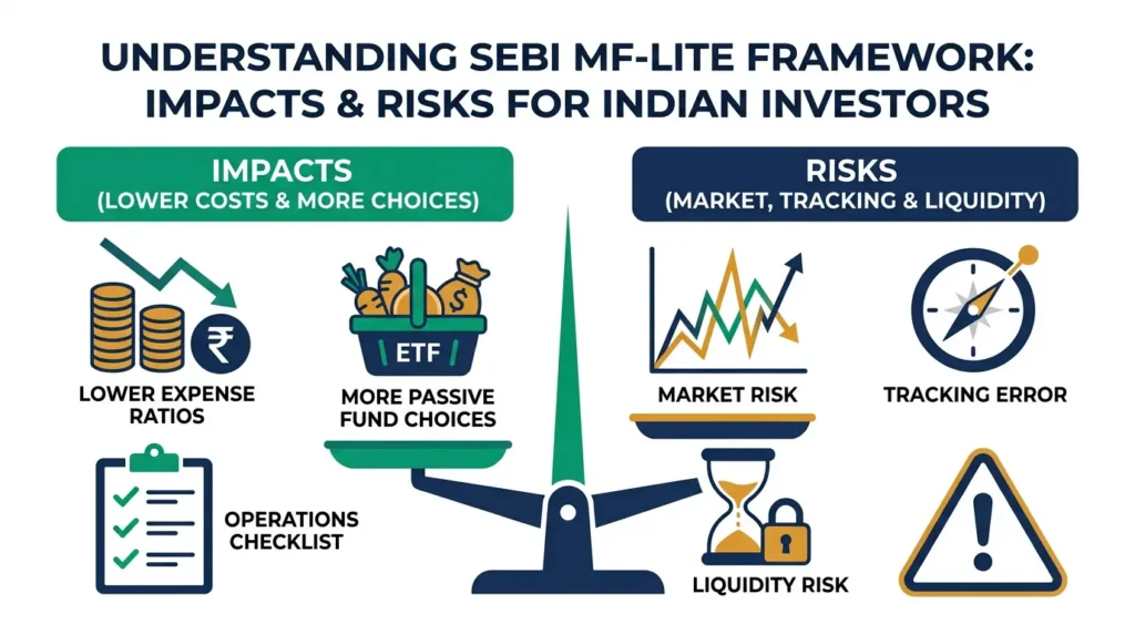 Illustration showing how the SEBI MF-Lite Framework may affect Indian investors through more passive fund choices, lower-cost potential, and ongoing risks.